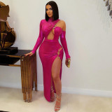 Women irregular hollow metal button sexy slit dress