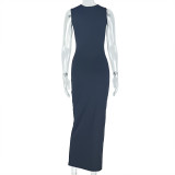 Women Elegant Solid Metal Pleated Bodycon Halter Asymmetric Neck Maxi Dress