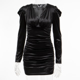 Women sexy V Neck collar long sleeve pleated Bodycon velvet dress