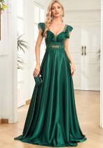 Women satin sleeveless v-neck ruffle formal party evening dress