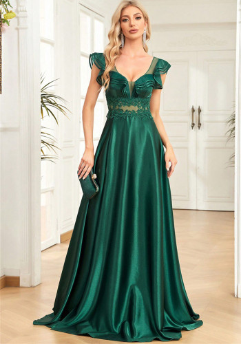 Women satin sleeveless v-neck ruffle formal party evening dress