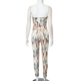Women spring and summer Strapless off-shoulder zipper tie-dye top and pants two-piece set