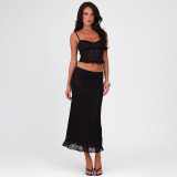 Spring Women Sexy V-Neck Backless Lace Suspender Tank Top and Skirt Two-Piece Set