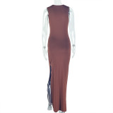 Women Style Pleated Hollow Solid Round Neck Slit Maxi Dress