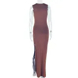 Women Style Pleated Hollow Solid Round Neck Slit Maxi Dress