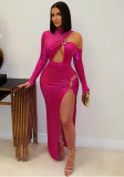 Women irregular hollow metal button sexy slit dress
