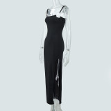 Women Sexy Suspender Flower Backless Slit Maxi Dress
