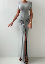 Spring Women Solid Round Neck Short Sleeve Bodysuit Sexy Slit Skirt Two-Piece Set