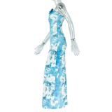 Women Elegant Backless Halter Neck Printed Maxi Bodycon Dress