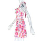 Women Printed Painted Sexy Backless Halter Neck Off Shoulder Dress
