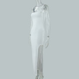 Women Sexy Suspender Flower Backless Slit Maxi Dress