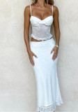 Spring Women Sexy V-Neck Backless Lace Suspender Tank Top and Skirt Two-Piece Set
