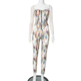 Women spring and summer Strapless off-shoulder zipper tie-dye top and pants two-piece set