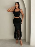 Women Casual Crop Lace Top and Bodycon fishtail skirt two-piece set