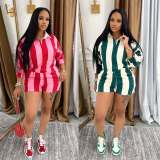 Spring Women Casual Striped Turndown Collar Top Shorts Two-Piece Set