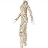 Women Casual Printed Round Neck Long Sleeve Jumpsuit