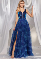 Women V Neck floral print patchwork rhinestone slit dinner dress bridesmaid dress evening dress