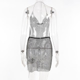 Women Beaded mesh see-through sexy backless strap dress
