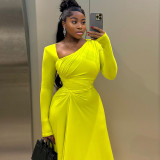 Women Elegant Pleated Irregular Solid Long Sleeve Slash Shoulder Maxi Dress