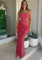 Women summer backless halter neck mesh see-through dress