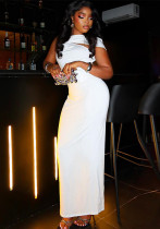 Women Elegant Solid Metal Pleated Bodycon Halter Asymmetric Neck Maxi Dress