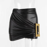 Women sexy irregular gold button pu leather skirt