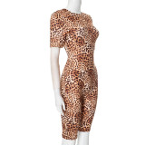 Women’s Casual Leopard Print Round Neck Low Back Tight Slim Jumpsuit