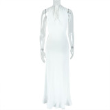 Women Pleated Sexy Hollow Bodycon High Neck Sleeveless Solid Maxi Dress