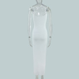 Women Sexy Suspender Flower Backless Slit Maxi Dress
