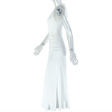 Women Pleated Sexy Hollow Bodycon High Neck Sleeveless Solid Maxi Dress