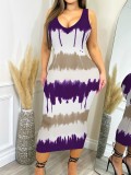 Women’s Fashion Printed V-Neck Sleeveless Slim Long Dress