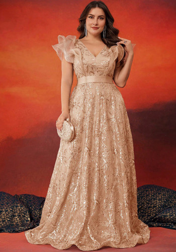 Plus Size Women Elegant Sequin Patchwork V Neck Ruffle Party Cocktail Dinner Evening Dress