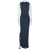 Women Style Pleated Hollow Solid Round Neck Slit Maxi Dress