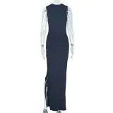 Women Style Pleated Hollow Solid Round Neck Slit Maxi Dress