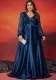 Women Sequin Satin Patchwork V-neck long sleeve pleated cocktail evening dress