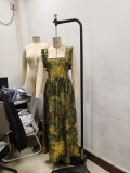 Women’s Fashionable Elegant Ruffled Strap Backless Pleated Print Dress
