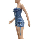 Women feminine Strapless Stretch pocket Denim Jumpsuit