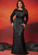 Plus Size Women Lace Contrast Round Neck Long Sleeve Dinner Evening Dress
