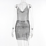 Women Beaded mesh see-through sexy backless strap dress