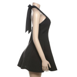 Spring Women French Halter Neck Solid Dress