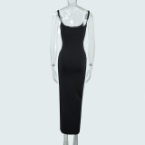 Women Sexy Suspender Flower Backless Slit Maxi Dress