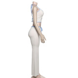 Spring Women Style Beaded Halter Neck Suspender Tank Top Contrast Color Pants Two-Piece Set