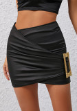 Women sexy irregular gold button pu leather skirt