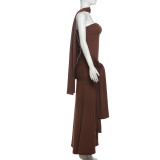 Spring Women Style Scarf Knot Lace-Up Strapless Dress Two-Piece Set
