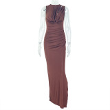 Women Style Pleated Hollow Solid Round Neck Slit Maxi Dress