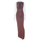 Women Style Pleated Hollow Solid Round Neck Slit Maxi Dress
