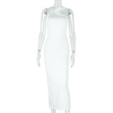 Women Elegant Solid Metal Pleated Bodycon Halter Asymmetric Neck Maxi Dress