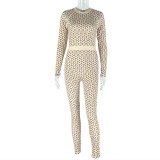 Women Casual Printed Round Neck Long Sleeve Jumpsuit