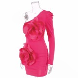 Women sexy one-shoulder Slash Shoulder flower long-sleeved dress