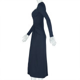 Women Elegant Pleated Irregular Solid Long Sleeve Slash Shoulder Maxi Dress